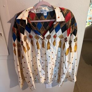 Vintage Silk Baroque Chain Print Blouse Large 90s Scarf Print Versace Style Top